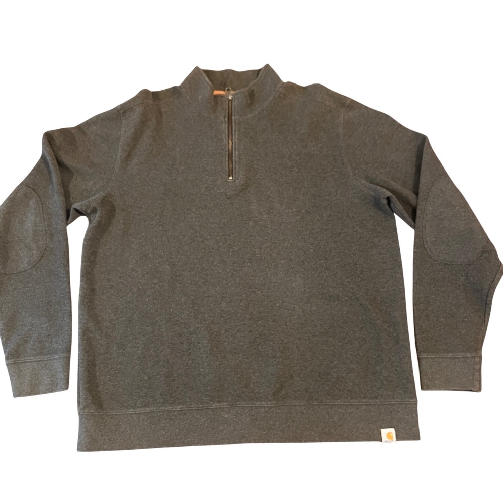 Carhartt Mens XL Relaxed Fit Quarter Zip Pullover Sweatshirt Gray Elbow Patches